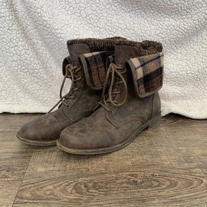 Brown Ankle Boots with Sweater Trim and Plaid Flaps